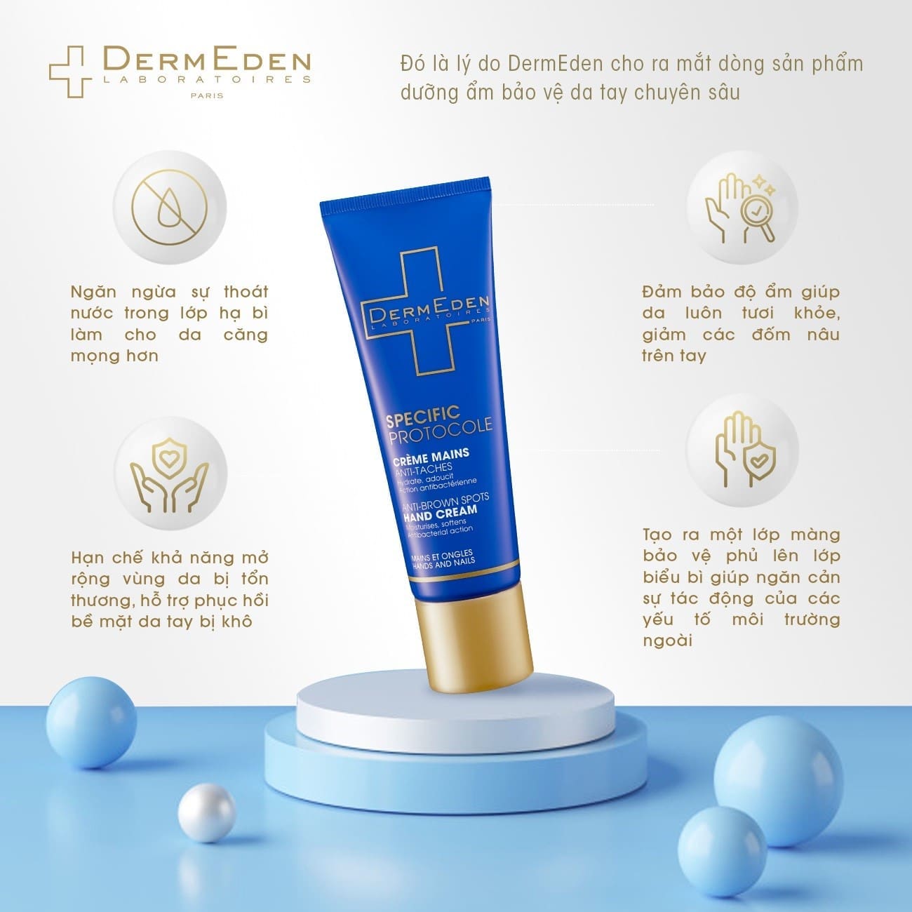 Kem dưỡng da tay làm mềm da và giảm đốm nâu DermEden Anti-brown Spots Hand Cream Niacinamide 5% + HA 1% 50ml